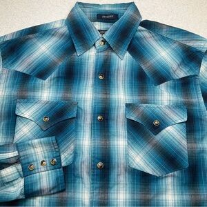 Pendleton Frontier Shirt Pearl Snap Small‎ Blue White Plaid Light Weight
